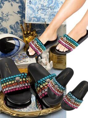 🆕 KURT GEIGER LONDON 🧿 NWOB Meena Eagle Jewel Sandal, Black Rainbow, Sz 36 US6